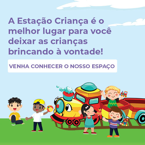 Banner ilustrativo dos personagens da Estação Criança convidando a todos irem brincar na brinquedoteca